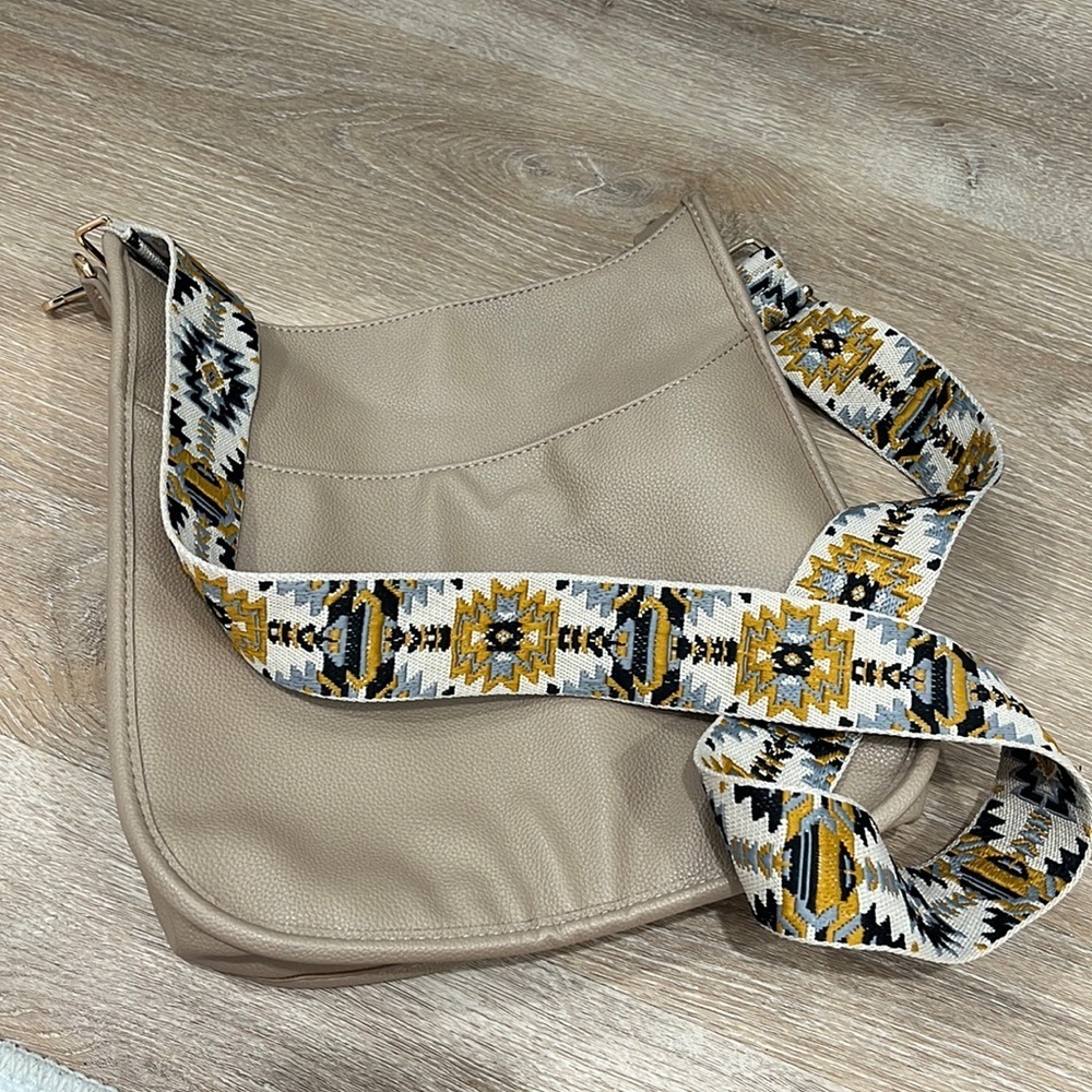 AHDORNED Vegan Tan Pebble grain crossbody purse + Embroidered Aztec print Strap